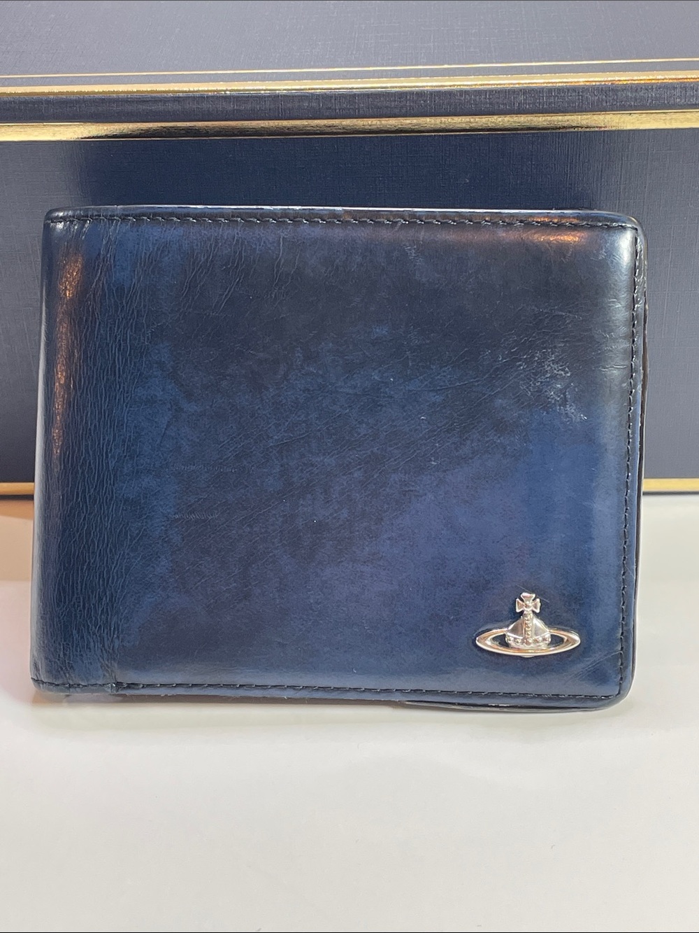 Vivienne Westwood Authentic Blue and Black Leather Wallet with Silver Orb